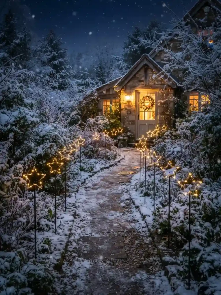 20. A Snowy Walkway With Starry Light Stakes
