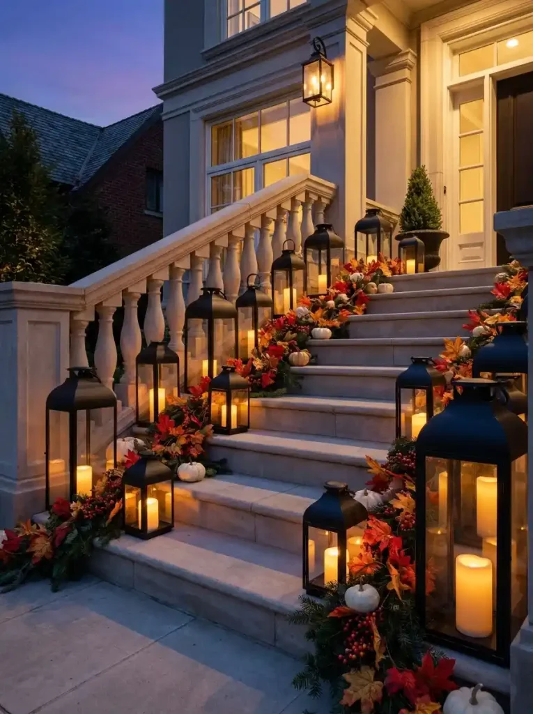 3. Black Metal Lanterns with Autumn Leaves