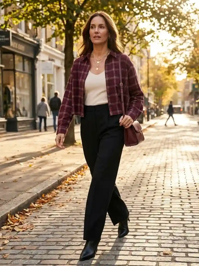 3. Burgundy Crop Flannel with Wide-Leg Trousers