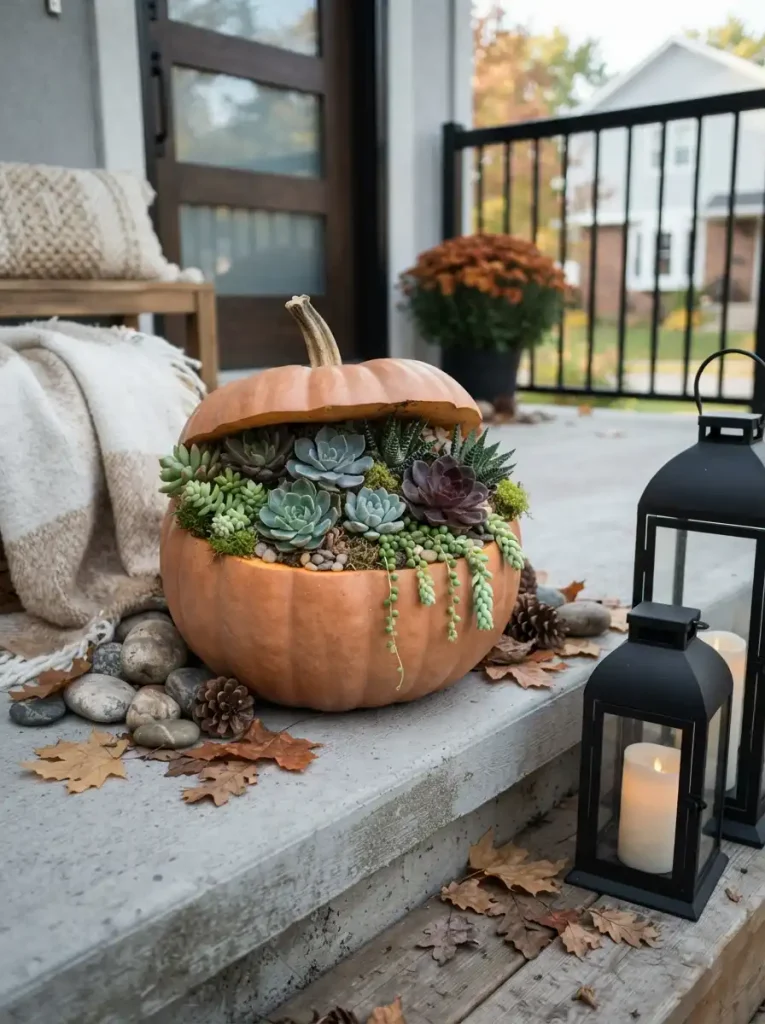 3. Carved Pumpkin Succulent Bowl