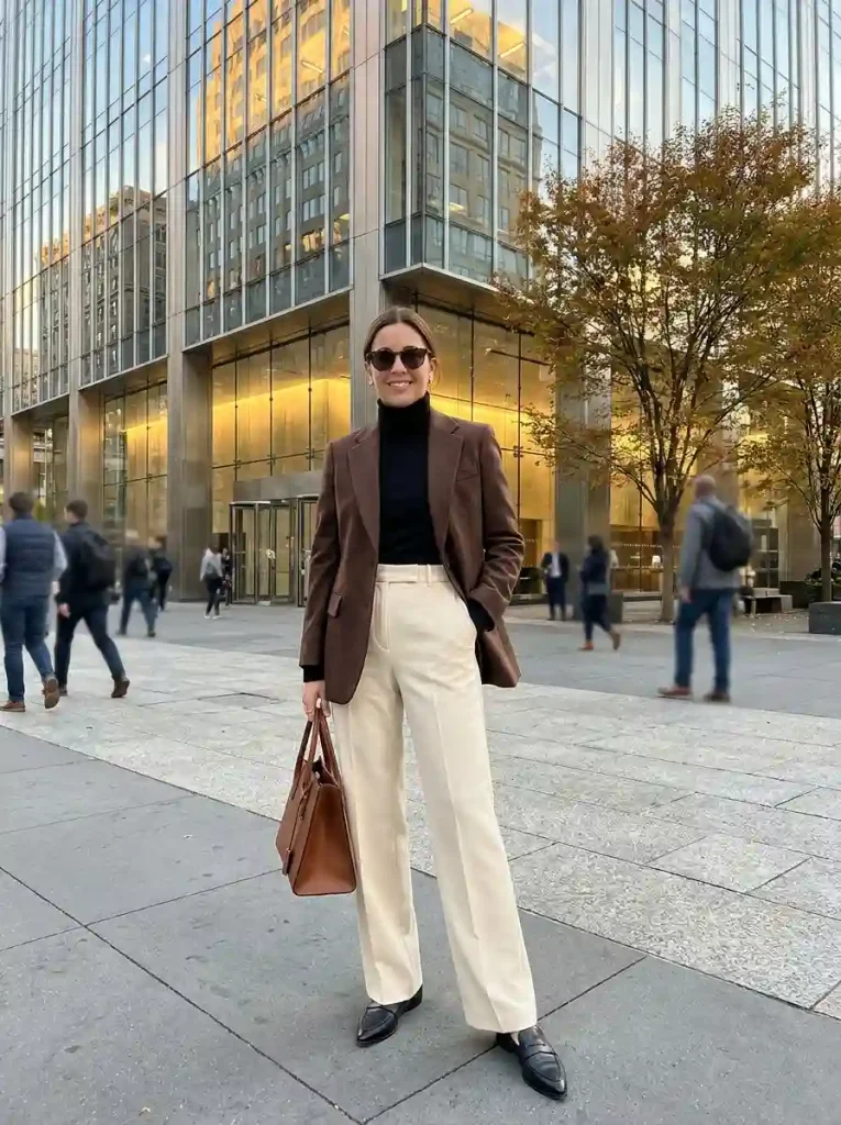 3. Chocolate Blazer and Wide-Leg Trousers