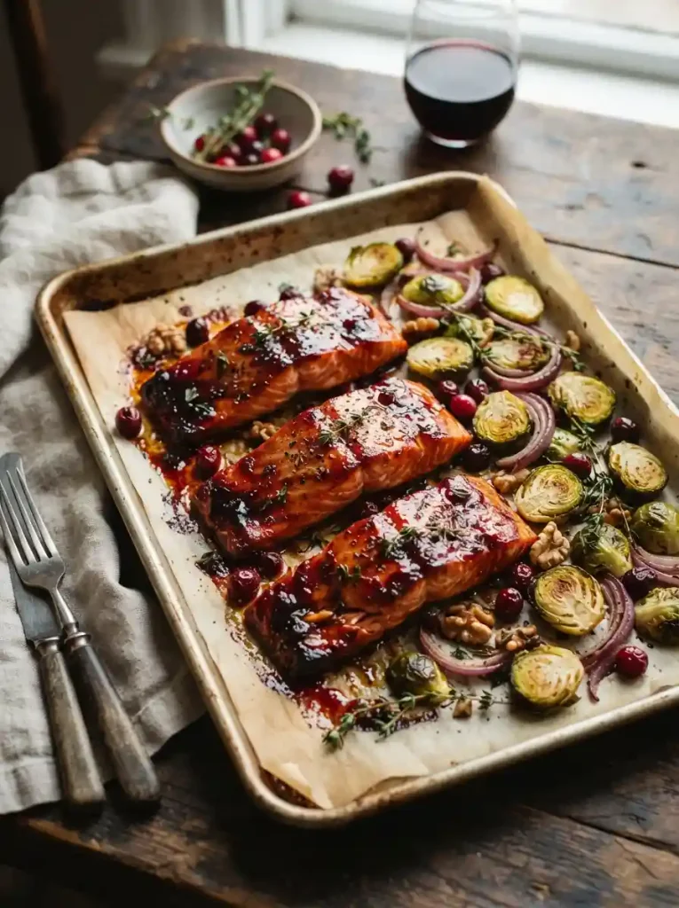 3. Cranberry Balsamic Salmon with Brussels Sprouts