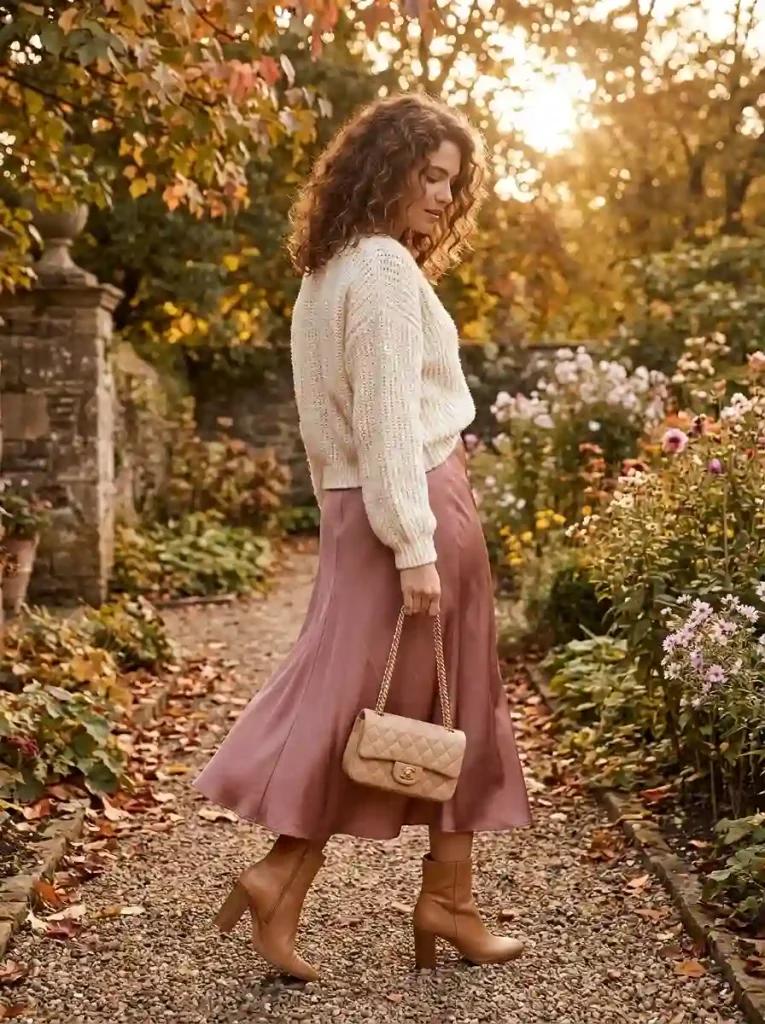 3. Cream Cardigan with a Flowing Midi Skirt