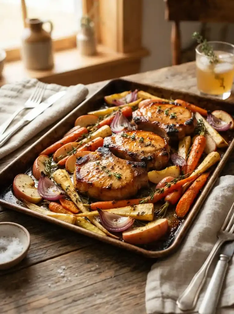 4. Apple Cider Pork Chops with Root Vegetables