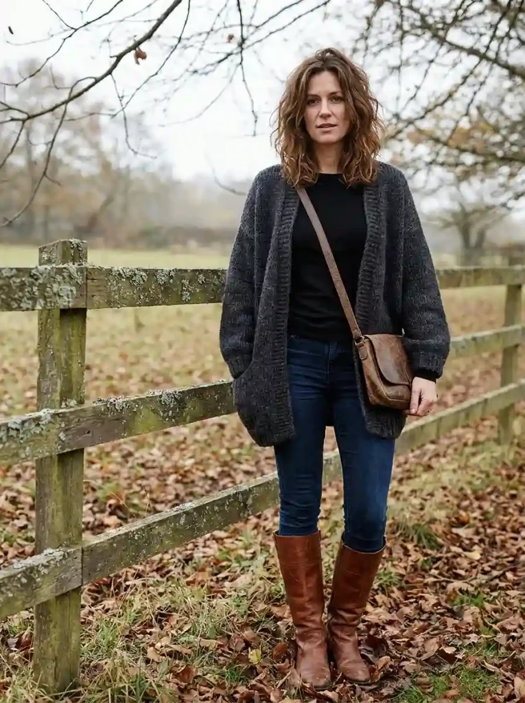 4. Chunky Knit Cardigan and Tall Boots