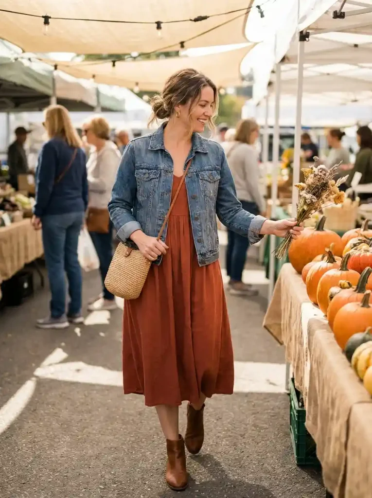 4. Rust Midi Dress with Denim Jacket