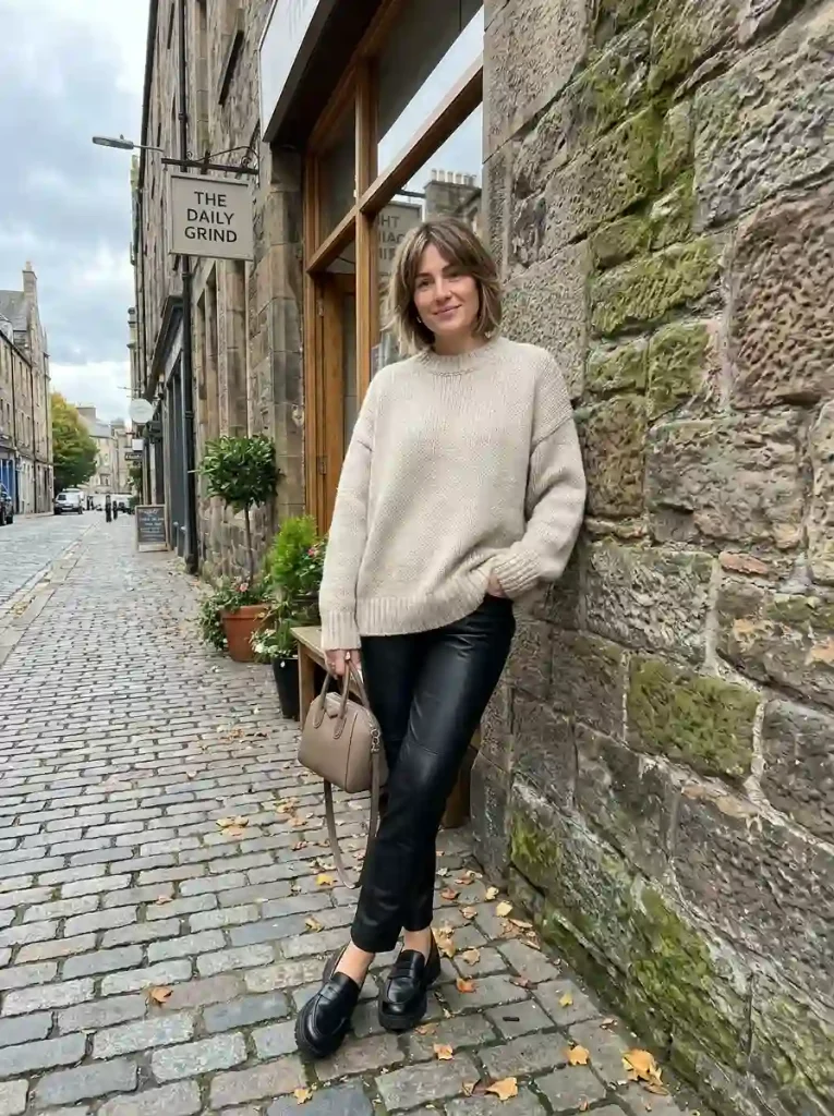 5. Oatmeal Sweater and Black Leather Pants