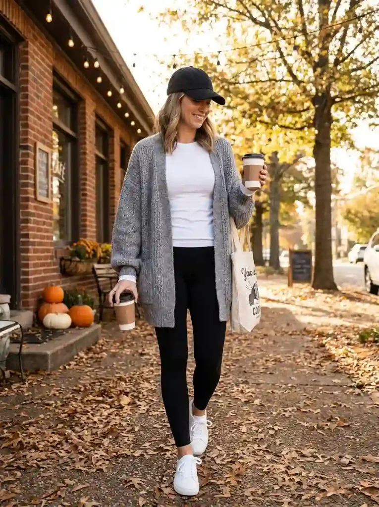 6. Casual Cardigan and Leggings Coffee Run