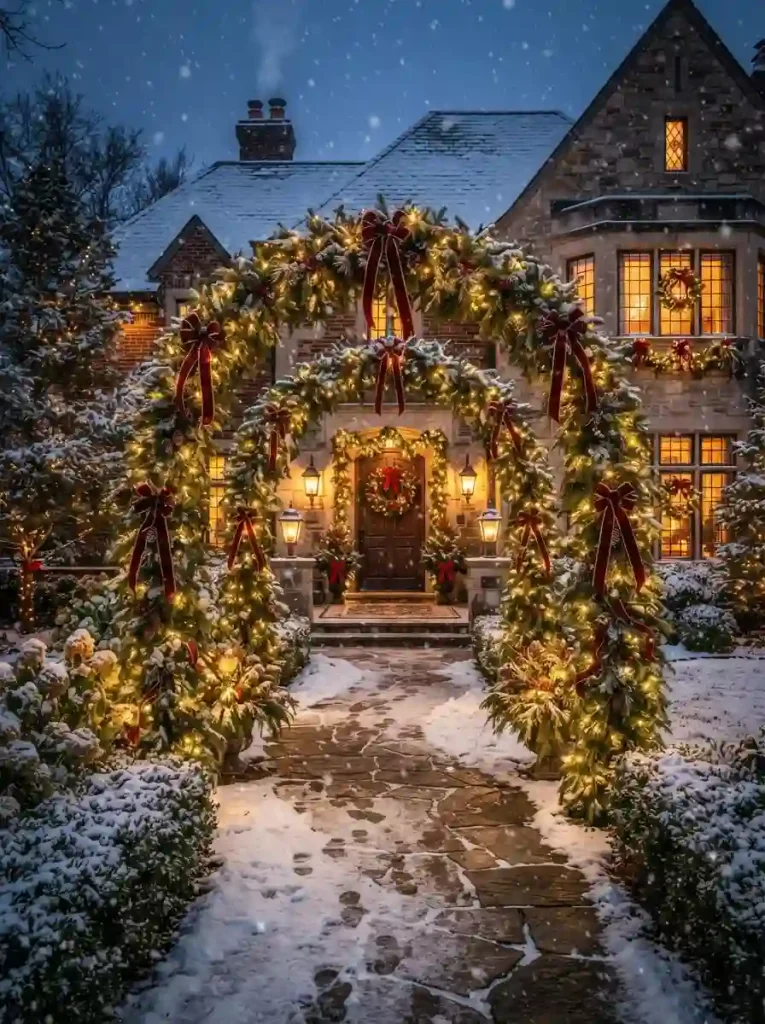 6. Evergreen Arches for a Grand Entrance