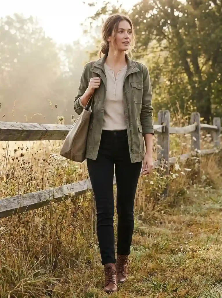6. Olive Utility Jacket with Black Jeans
