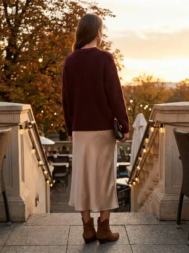 7. Burgundy Sweater with Satin Midi Skirt