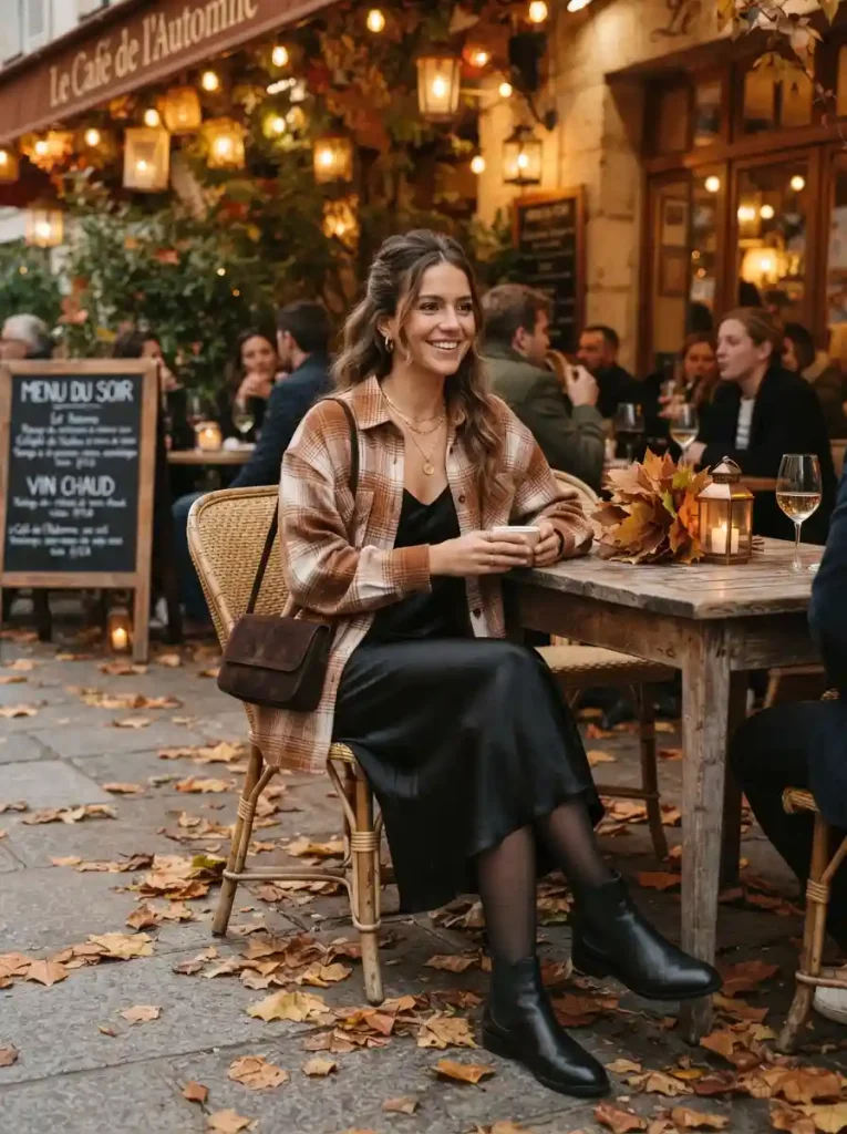 7. Cozy Plaid Shirt Over a Slip Dress