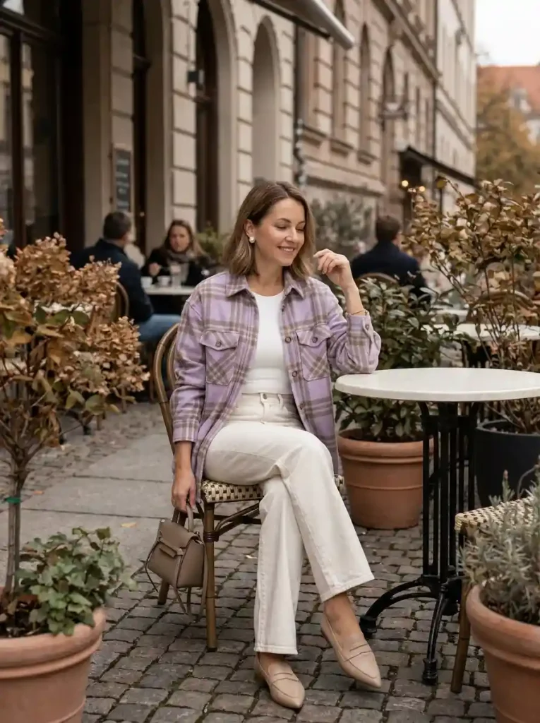 7. Soft Lavender Plaid with Ecru Wide-Leg Jeans