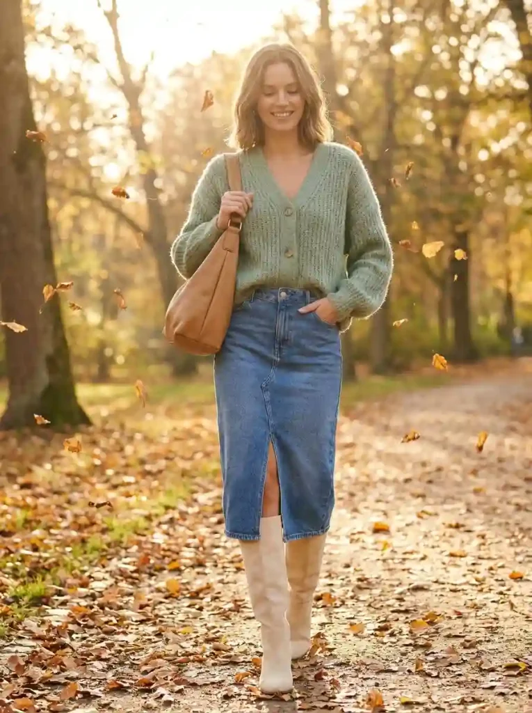 8. Cozy Cardigan with a Denim Midi Skirt