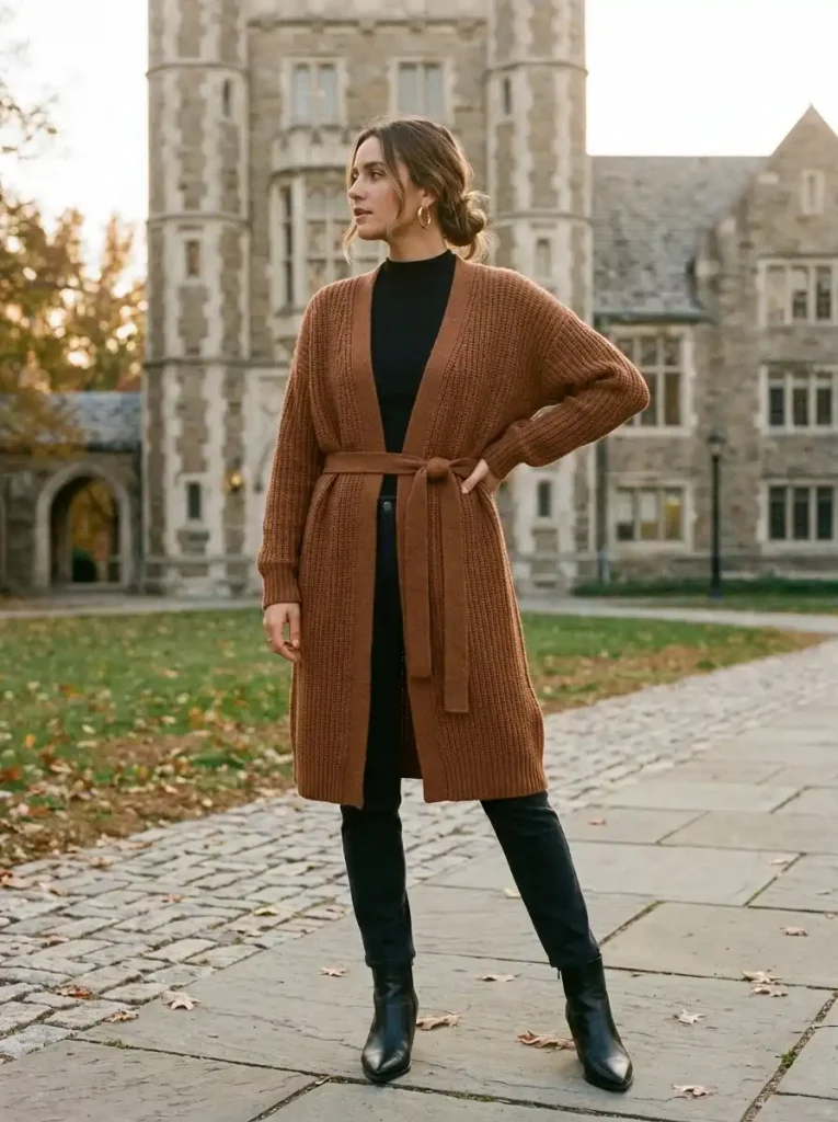 9. Belted Long Cardigan with Sleek Layers