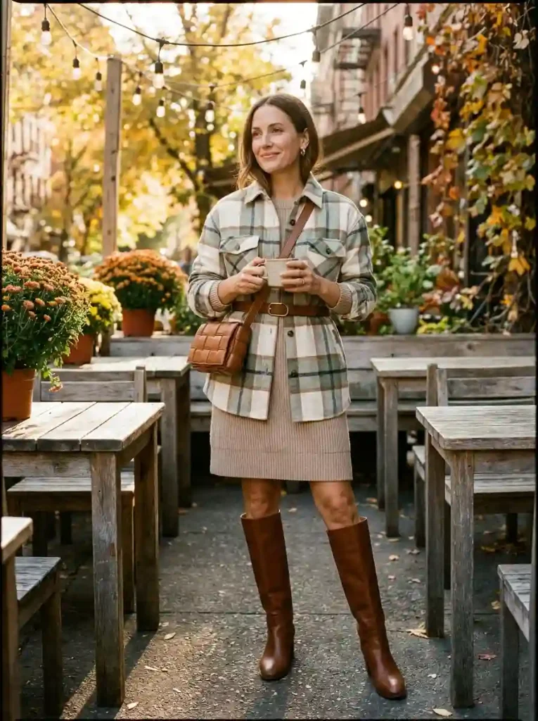 9. Belted Sage Plaid Over a Sweater Dress