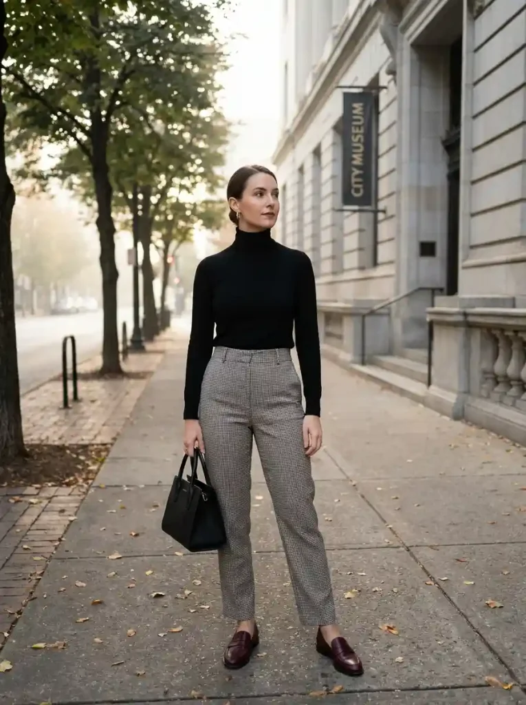 9. Black Turtleneck with Checked Trousers