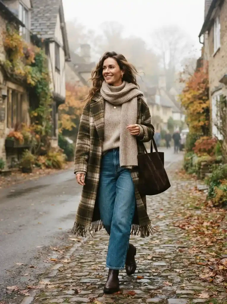 9. Rustic Plaid Coat With Denim