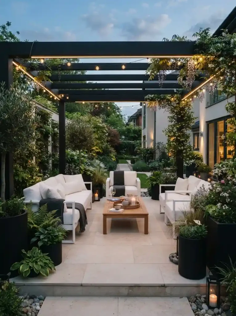 1. Black Pergola With White Seating