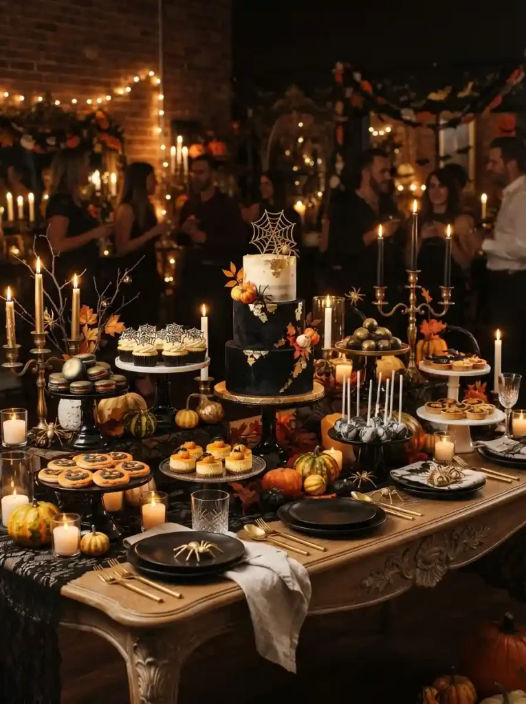 1. Black and Orange Dessert Display