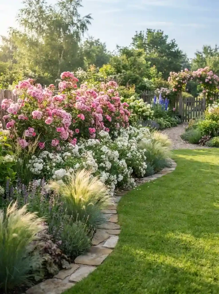 1. Build a layered rose border along the lawn