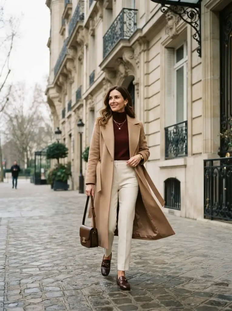 1. Camel Coat and Burgundy Knit