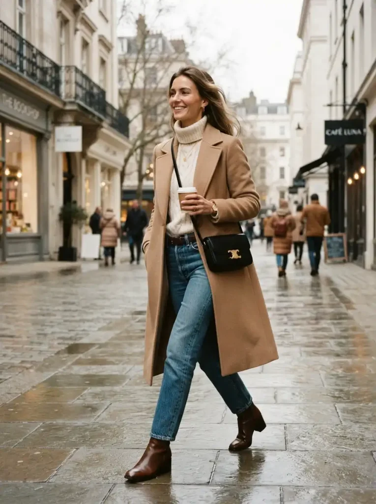 1. Camel Long Coat With a Cream Sweater and Jeans