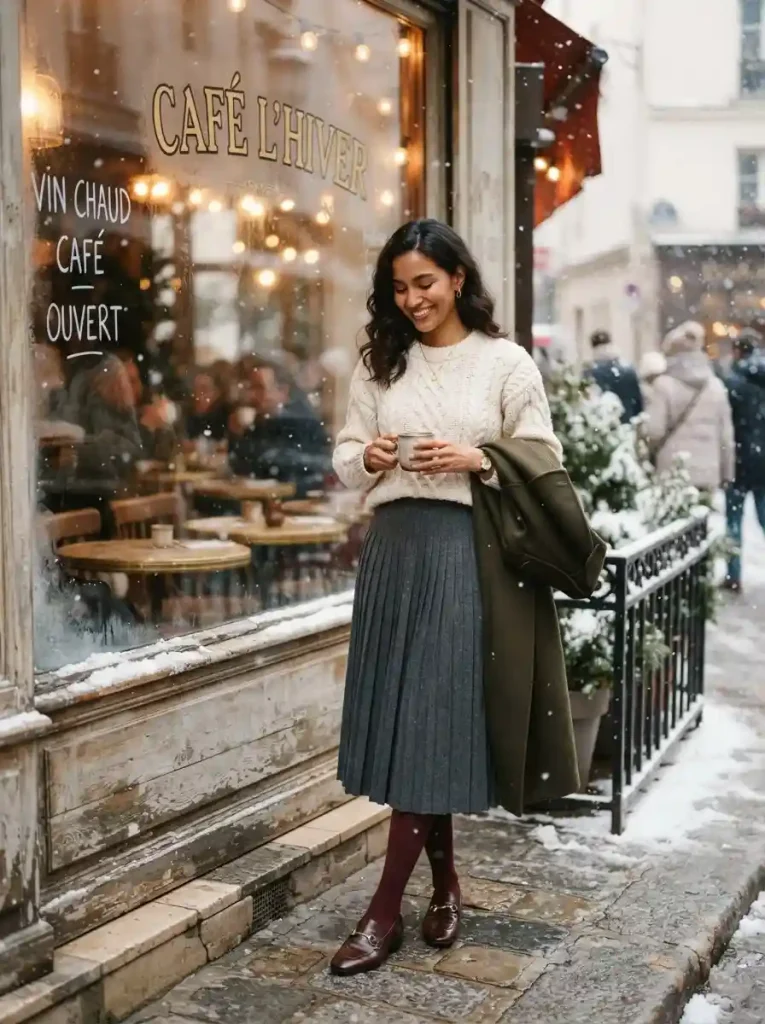 1. Charcoal Pleated Midi Skirt with an Ivory Cable-Knit Sweater