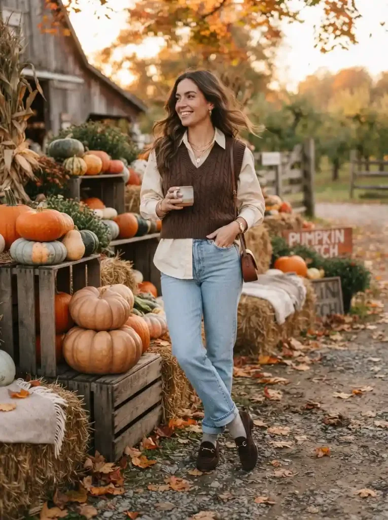 1. Chocolate Knit Vest With Straight-Leg Jeans