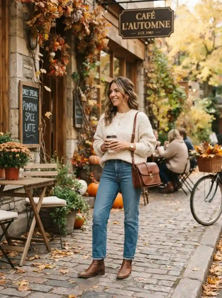 1. Cream Chunky Sweater with Straight-Leg Jeans