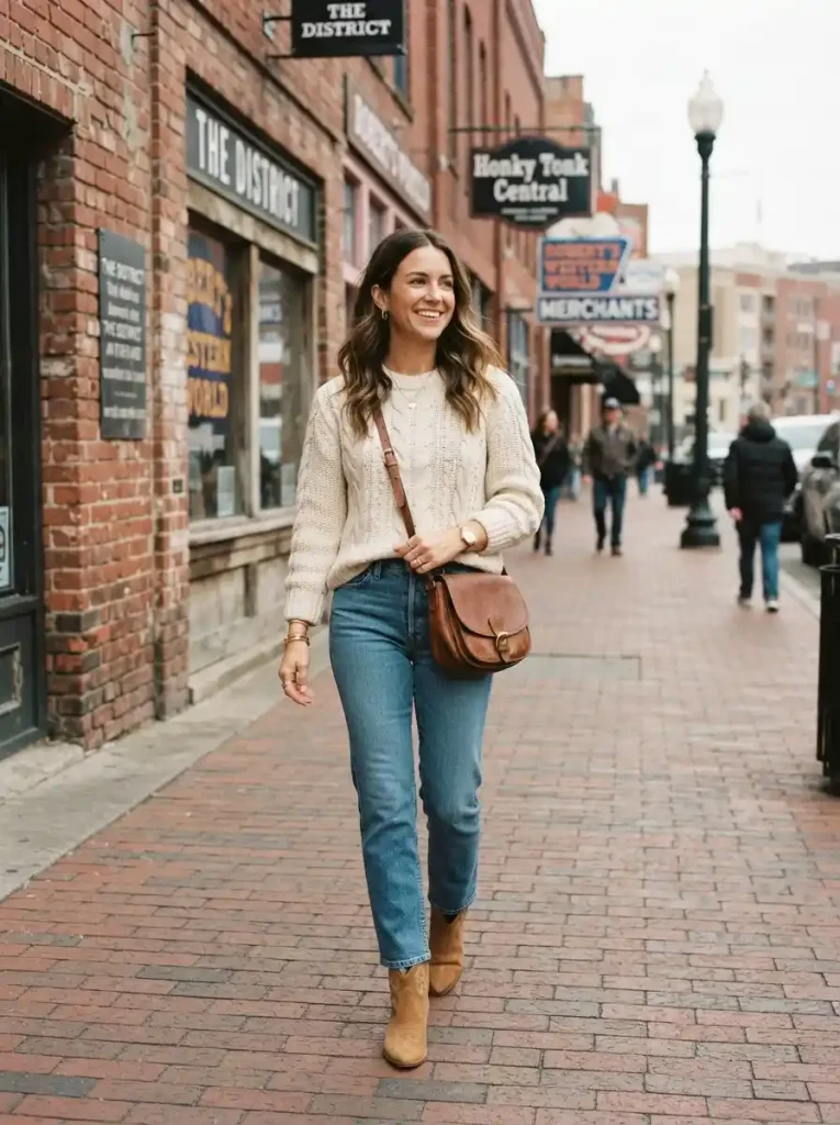 1. Cream Sweater, Straight-Leg Jeans, and Tan Western Boots