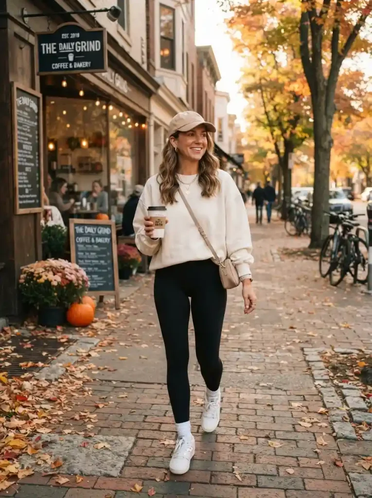 1. Cream Sweatshirt with Black Leggings