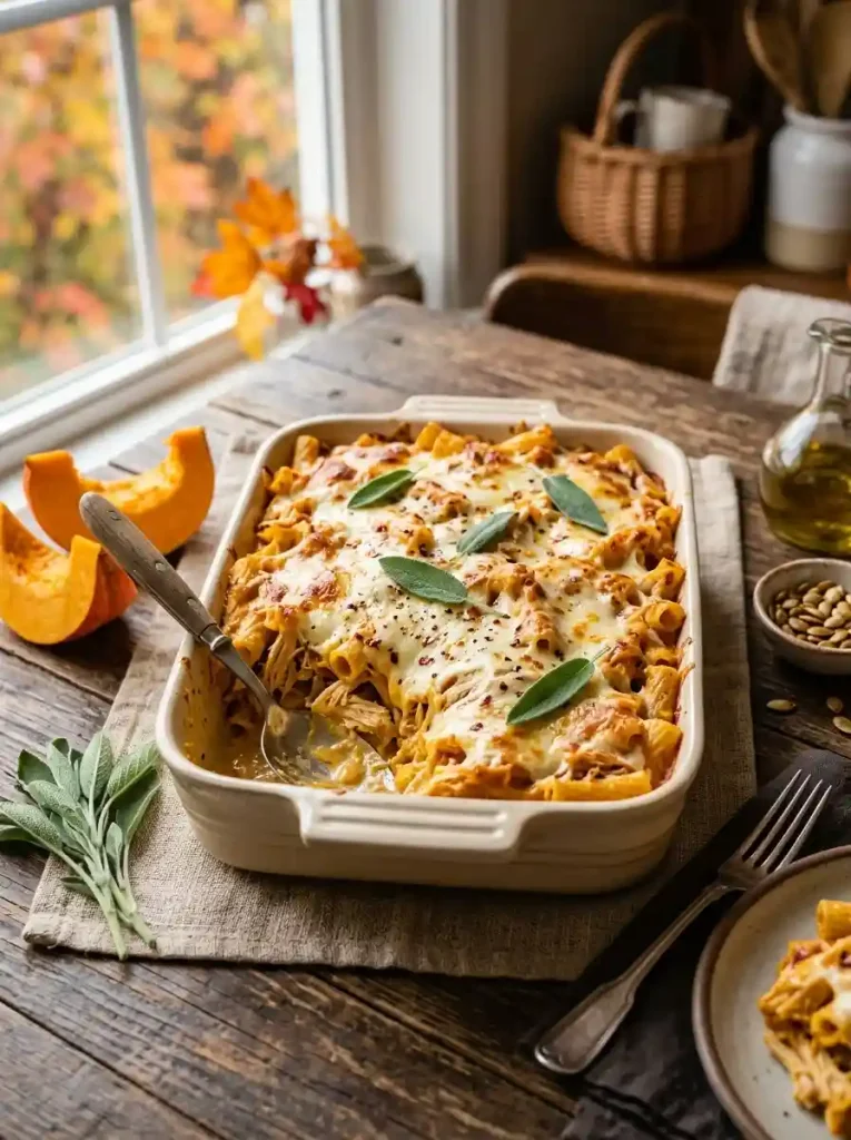 1. Creamy Chicken and Pumpkin Pasta Bake