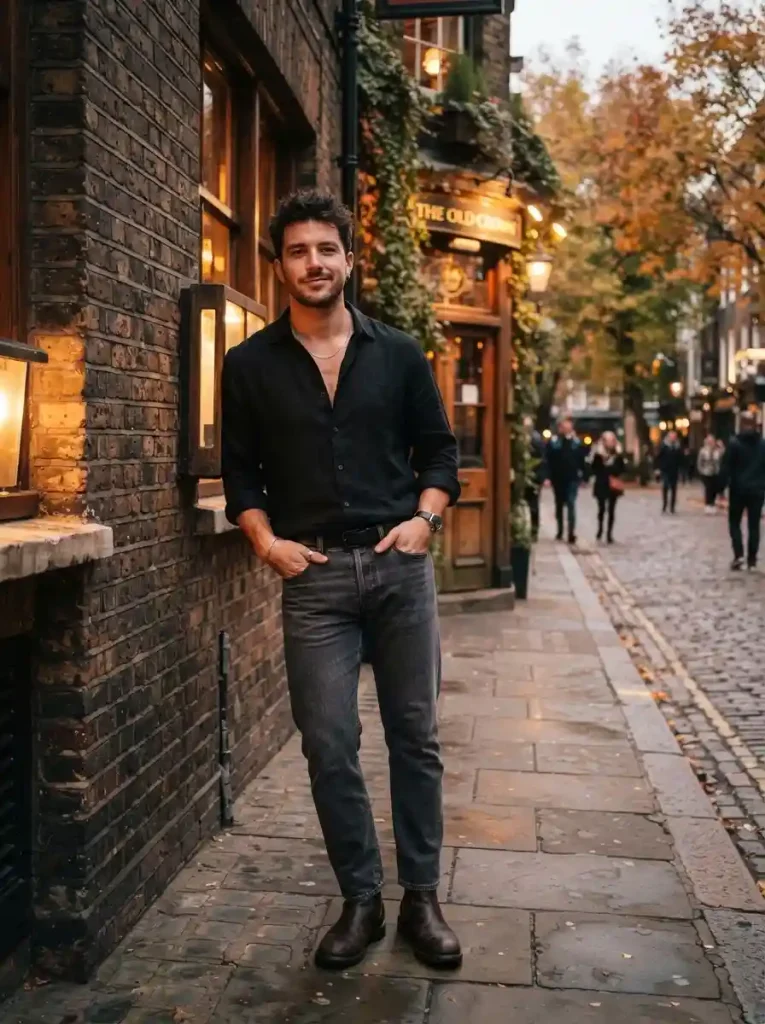 1. Dark Denim and Black Shirt