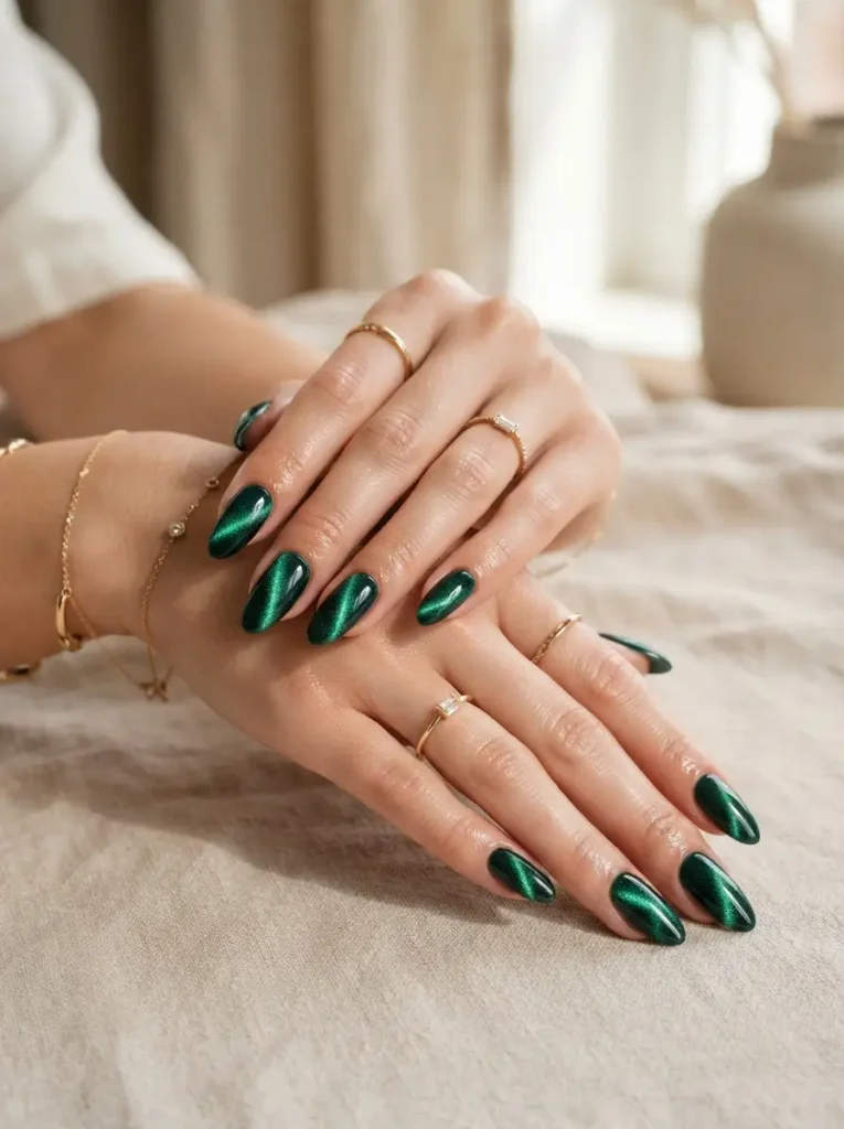 1. Emerald Green Velvet Nails