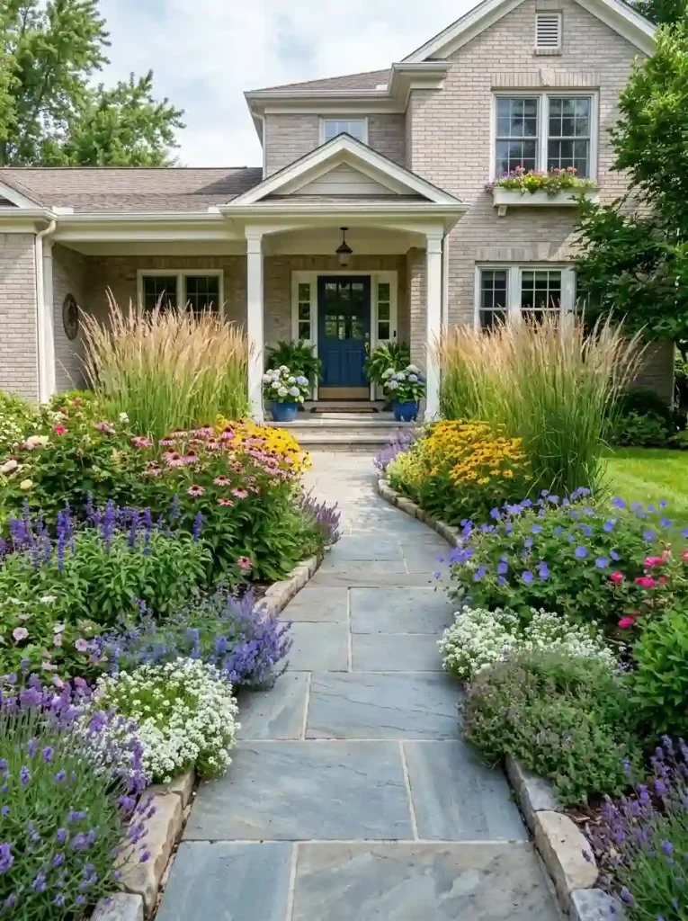1. Frame the Front Door With Layered Flower Beds