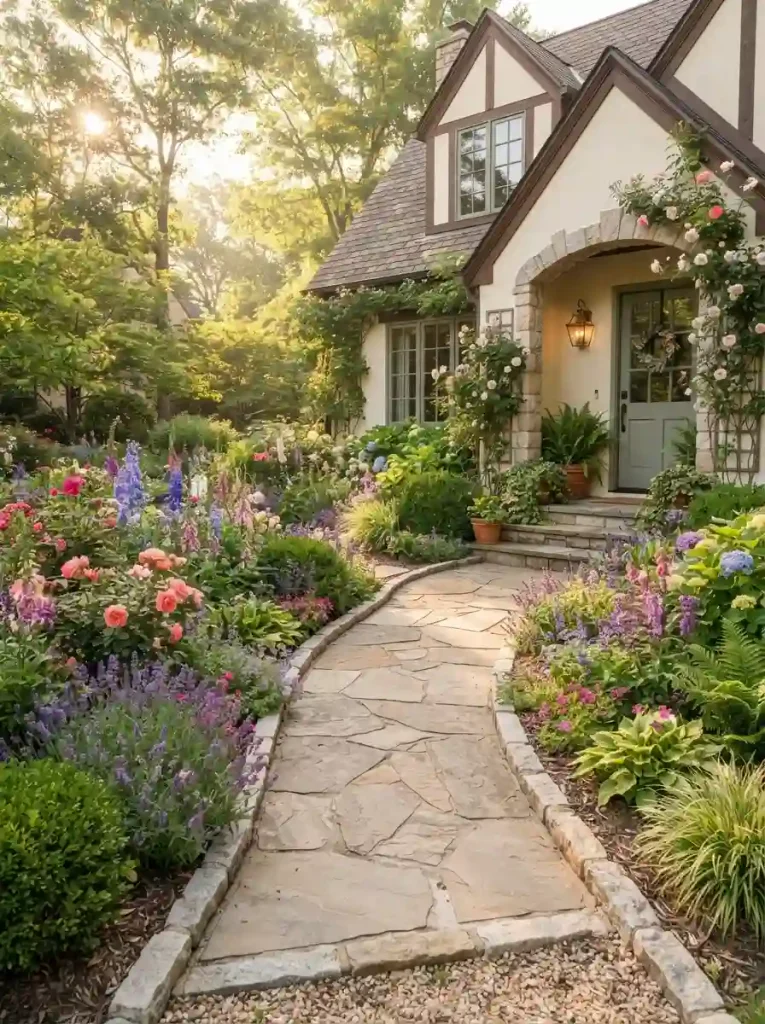 1. Frame the Front Walkway With Flower-Filled Borders