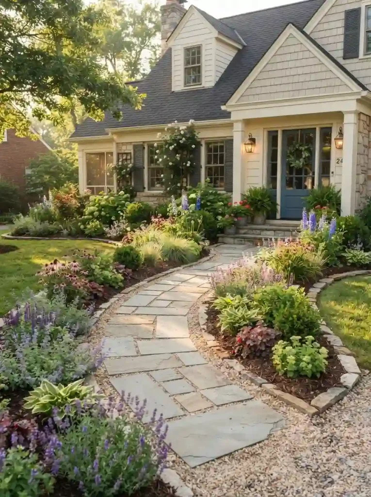 1. Frame the Front Walkway With Layered Flower Beds