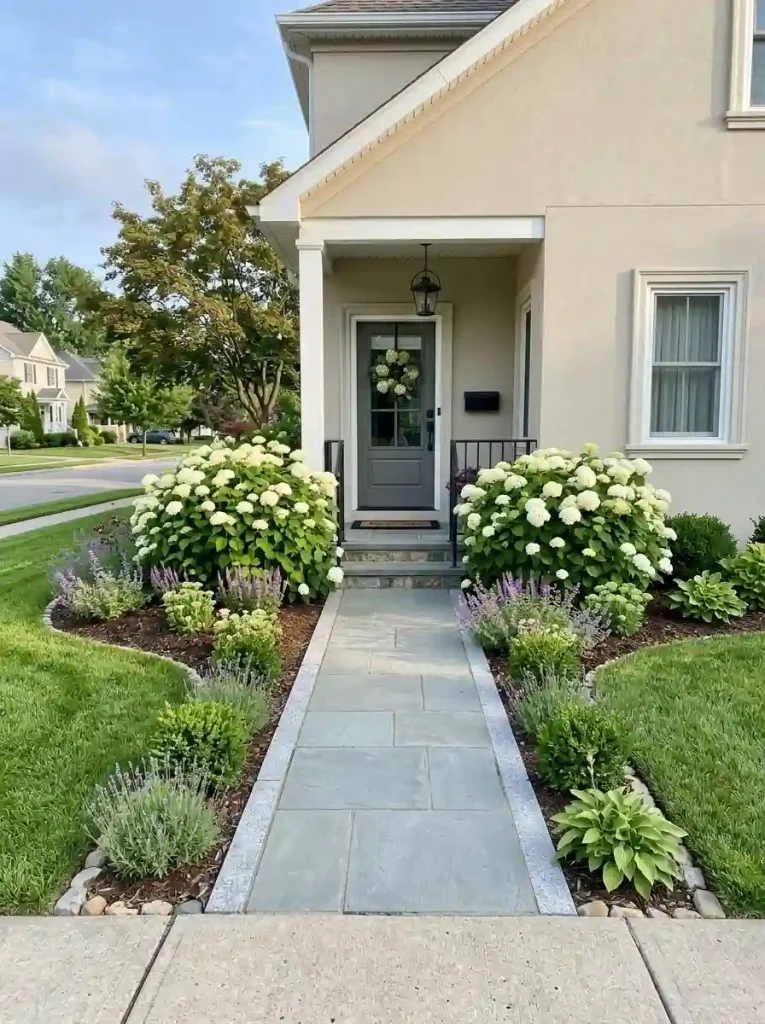 Frame the entrance with matching flowering shrubs