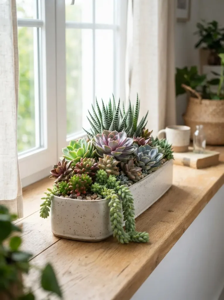 1. Layered Succulent Arrangement in a Long Planter