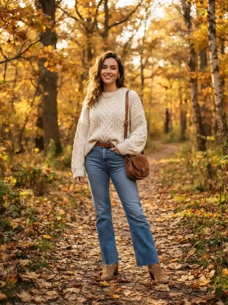 1. Oversized Cream Knit Sweater With Flared Jeans