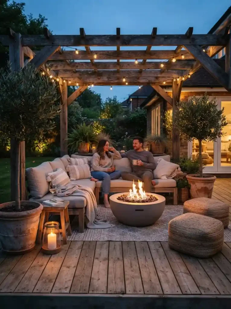 1. Pergola lounge with a fire bowl