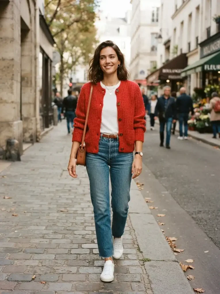 1. Red Cardigan With Straight-Leg Jeans