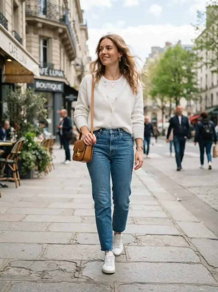 1. White Cardigan With Classic Blue Jeans