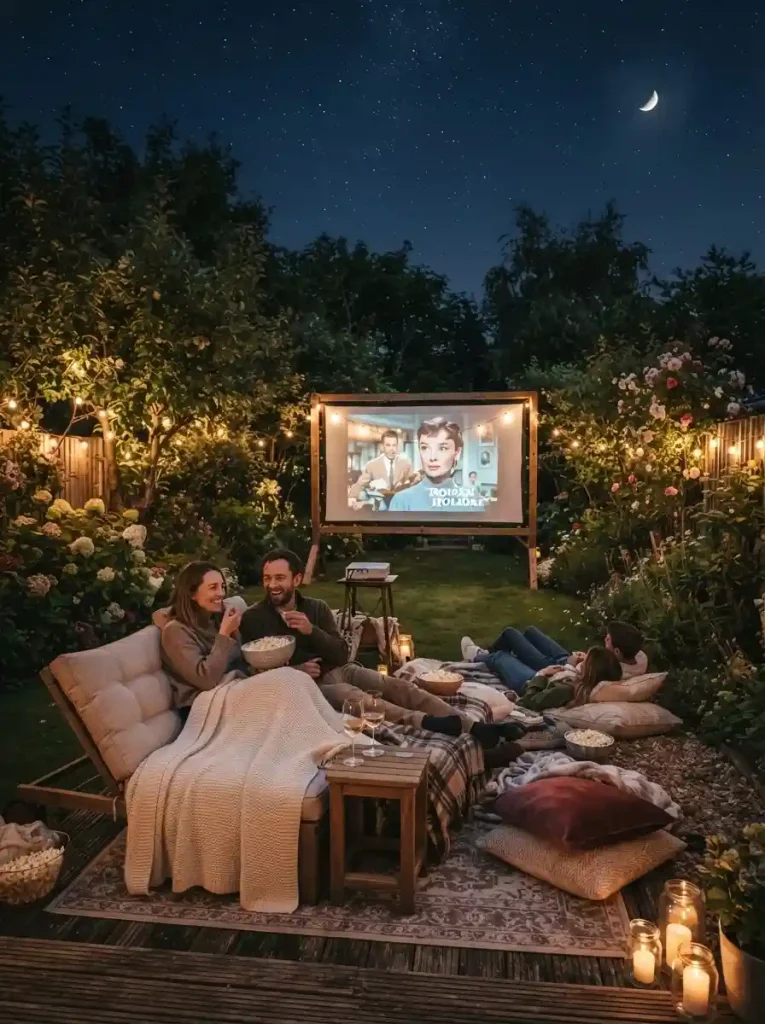 10. Create a cozy outdoor movie corner