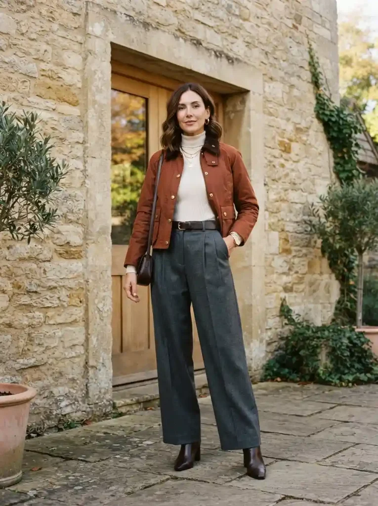 10. Cropped Barn Jacket With Wide-Leg Trousers