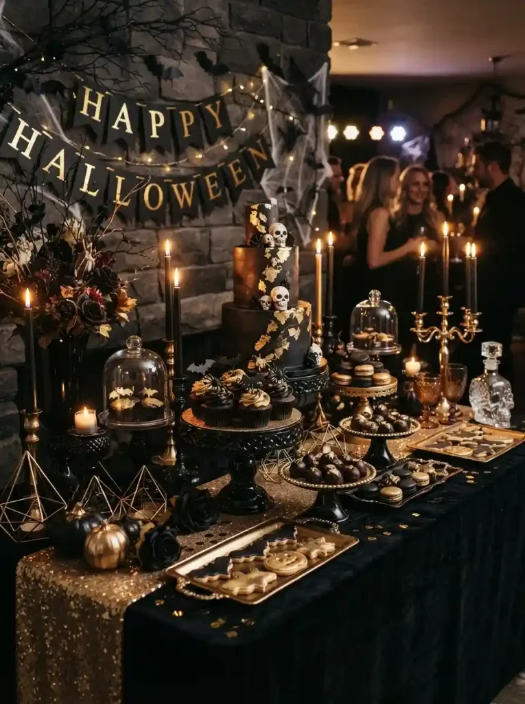 10. Elegant Black-and-Gold Dessert Table