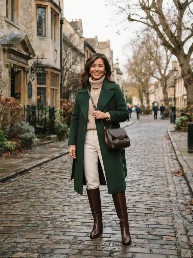 10. Forest Green Coat and Neutral Basics