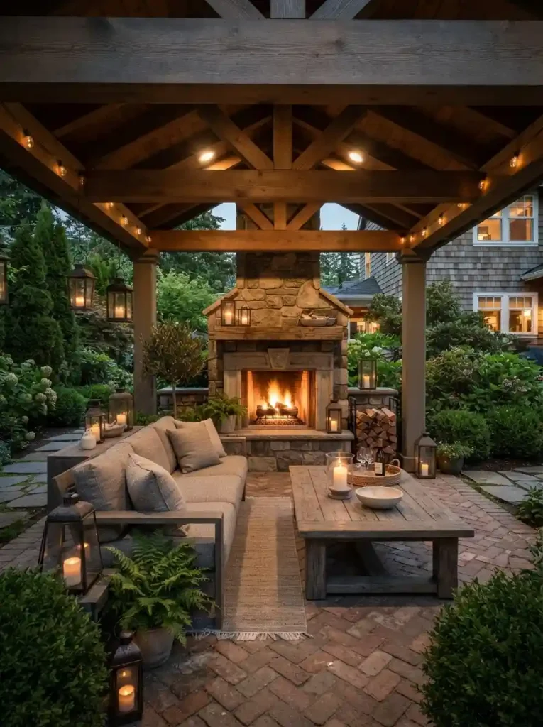 10. Pergola With Roof and Outdoor Fireplace