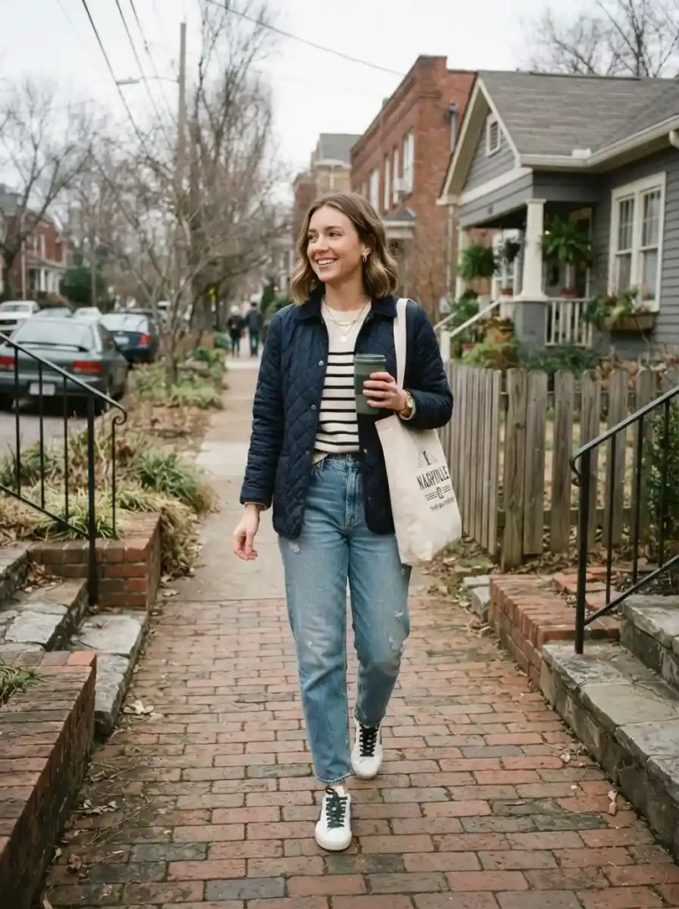 10. Quilted Jacket, Striped Sweater, Relaxed Jeans, and Sneakers